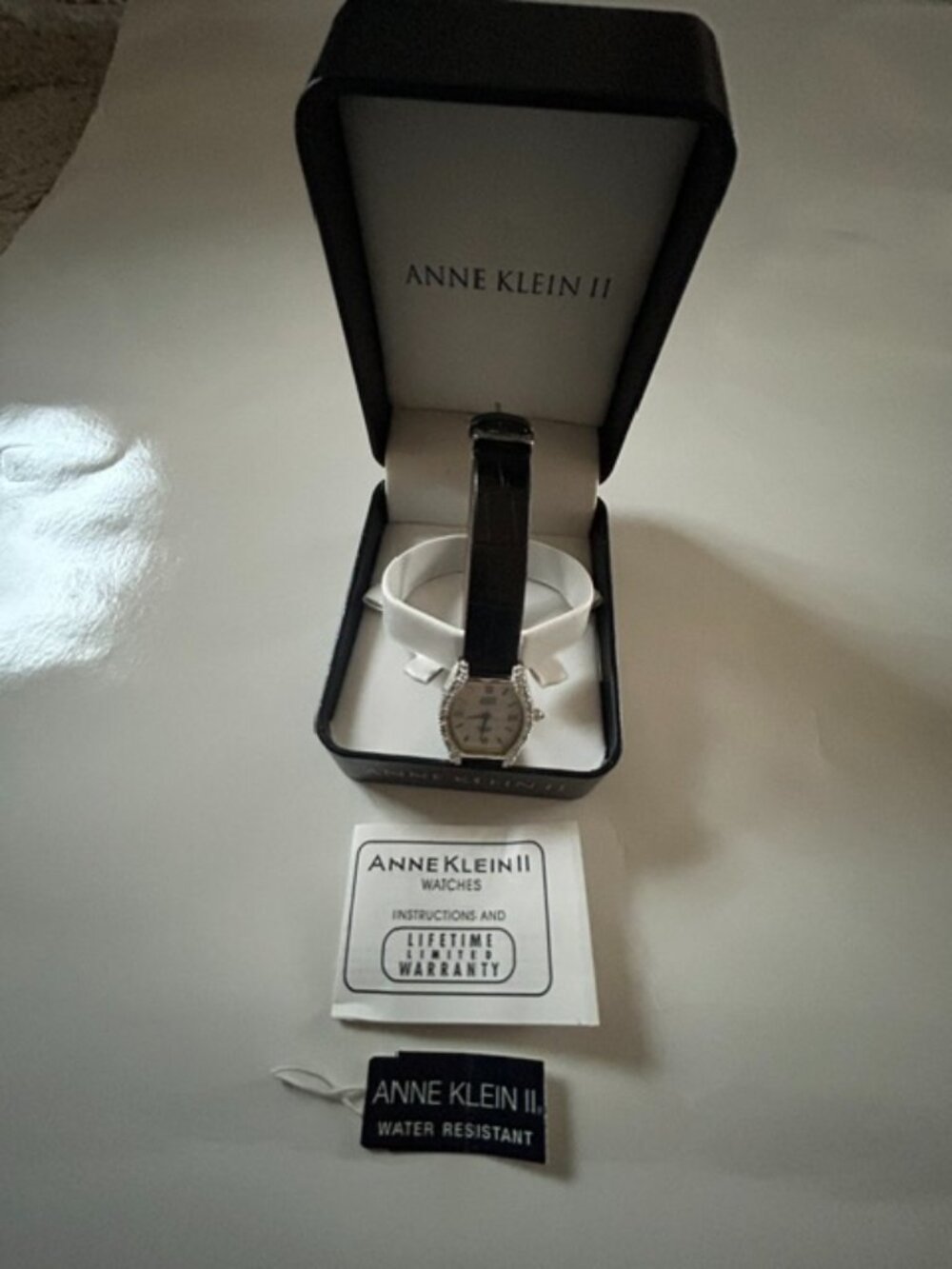 New Anne Klein Silver Tone Diamond/Crystal Bezel Leather Strap Women Watch 26mm